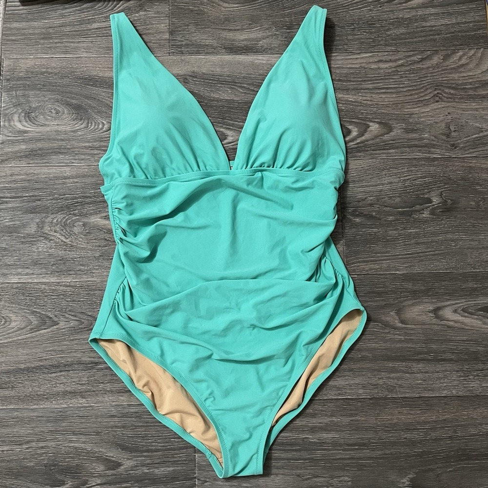 J Crew Ruched Plunge One Piece Swimsuit Womens XL Teal Beach Resort Vacation